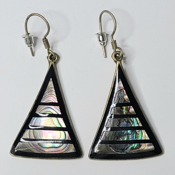 Vintage Alpaca Mexico Triangle Stripe Abalone Shell Dangle Earrings - Picture 5 of 6